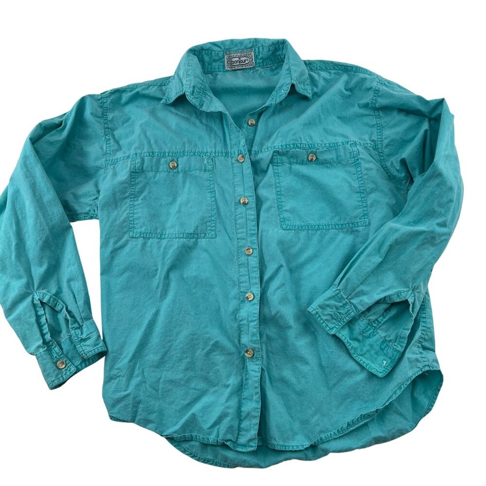 Vintage Bonjour Teal Button-Up Shirt Womens Large 100% Cotton Long Sleeve Casual